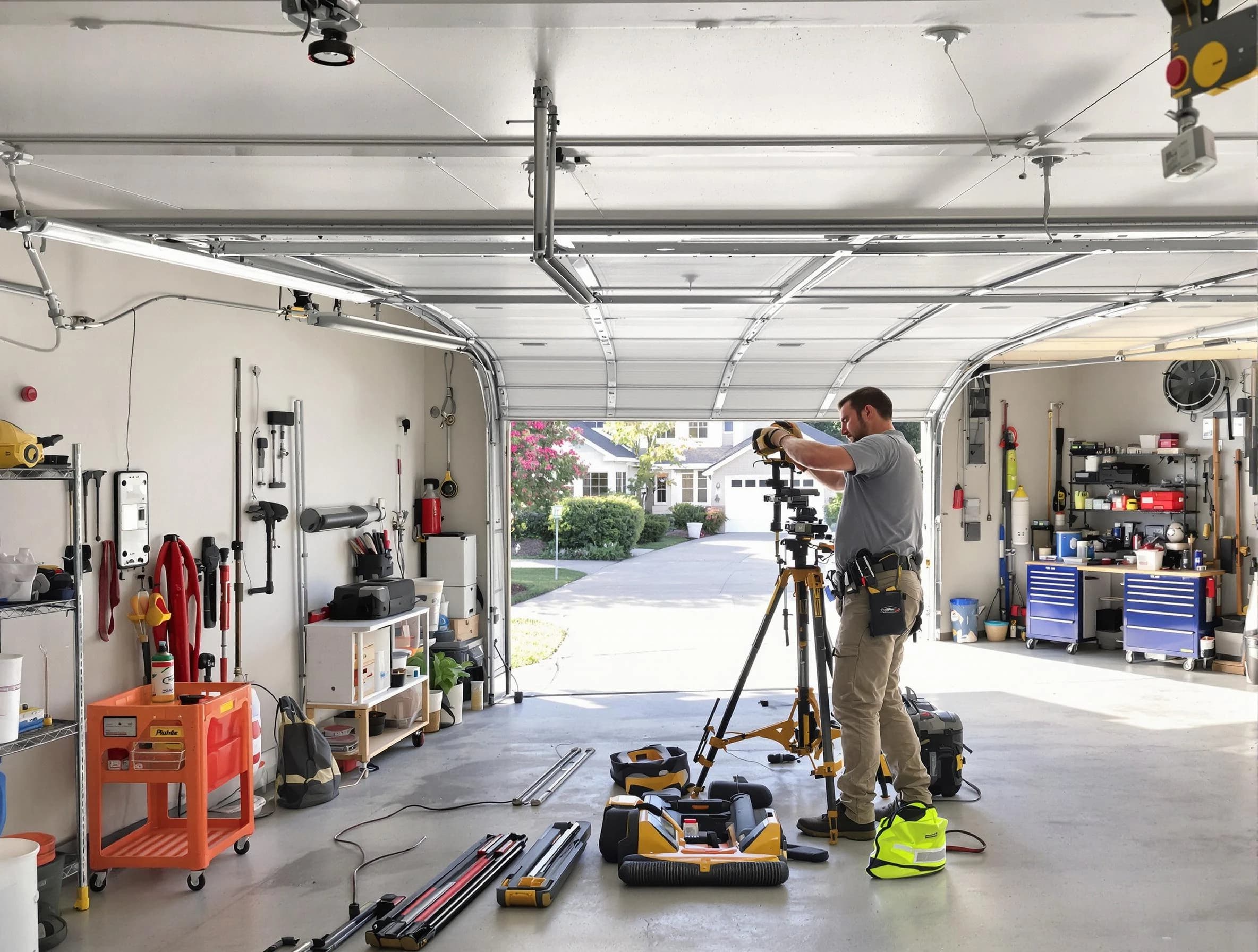 Blanchard Garage Door Repair specialist performing laser-guided track alignment in Blanchard