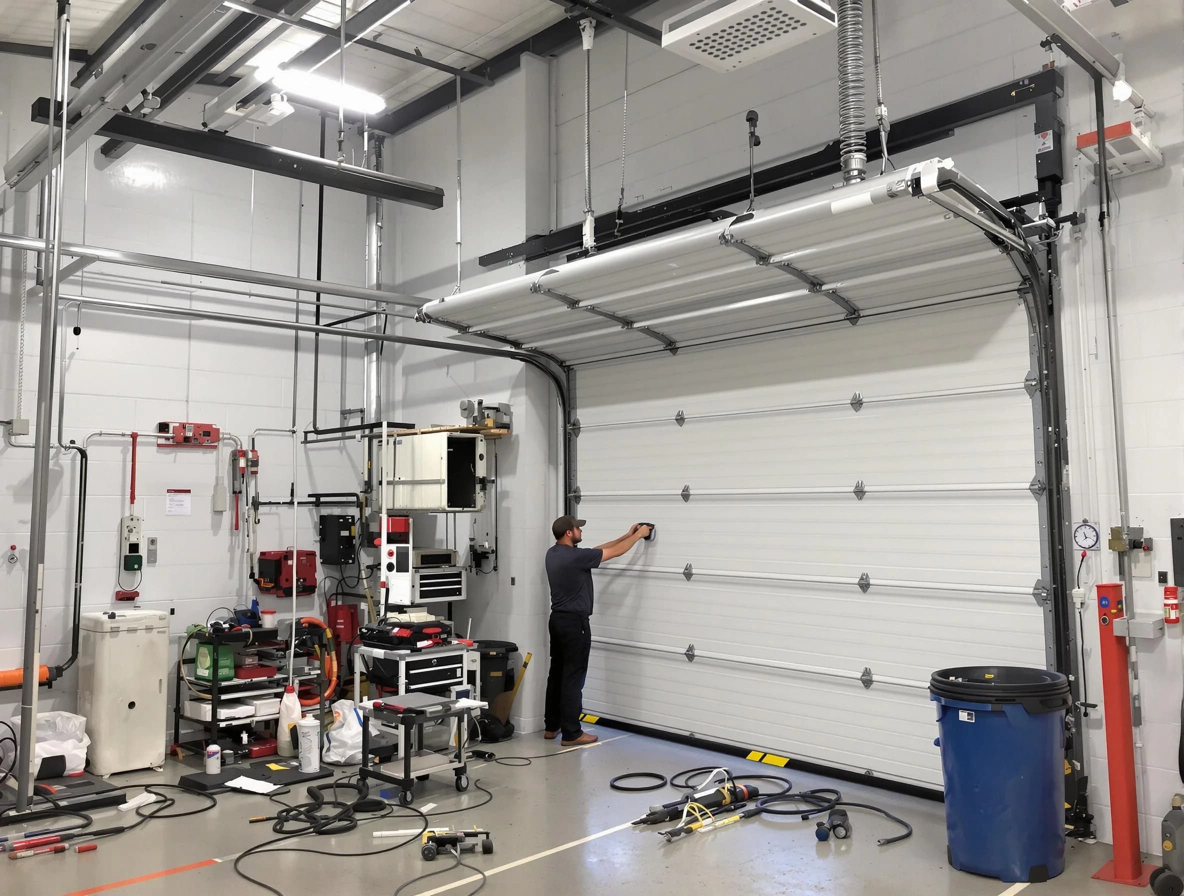 Blanchard Garage Door Repair certified technician performing commercial door repair at a Blanchard business facility