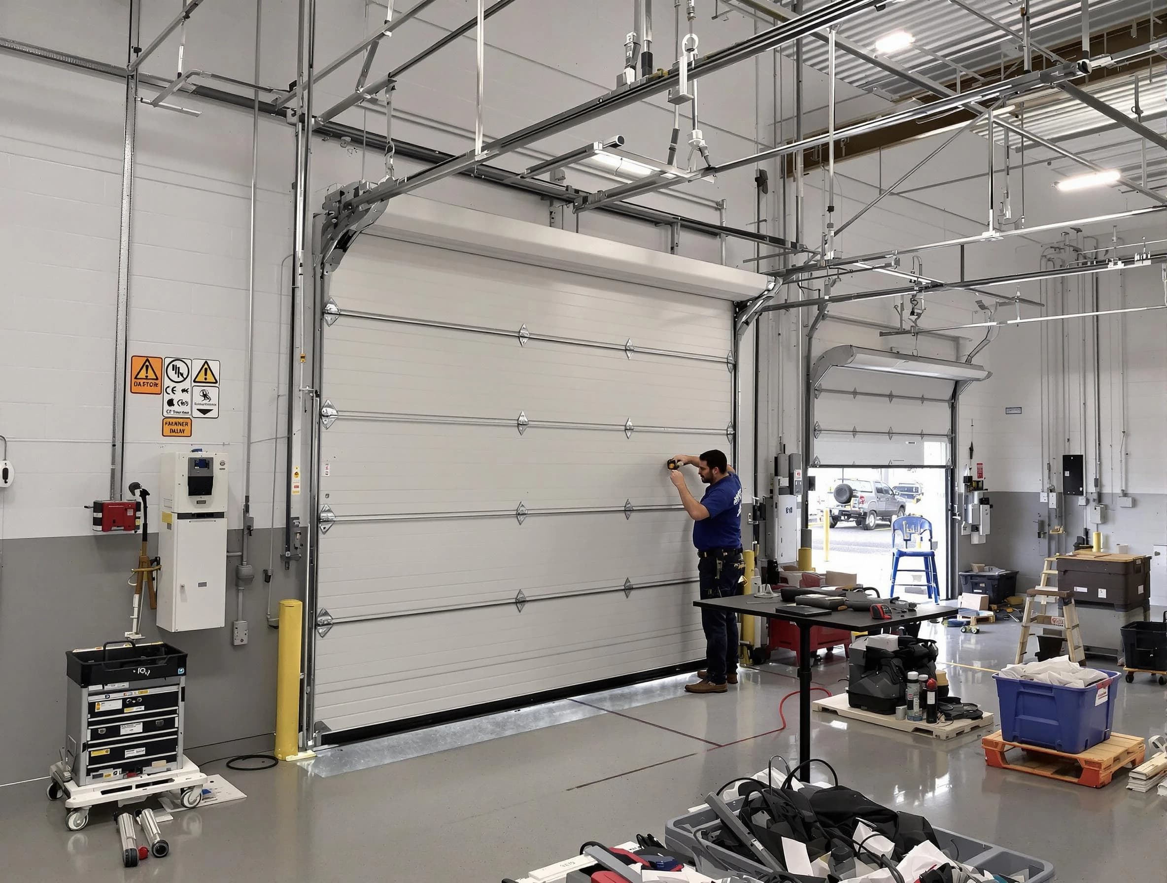 Commercial garage door repair being performed by Blanchard Garage Door Repair expert in Blanchard