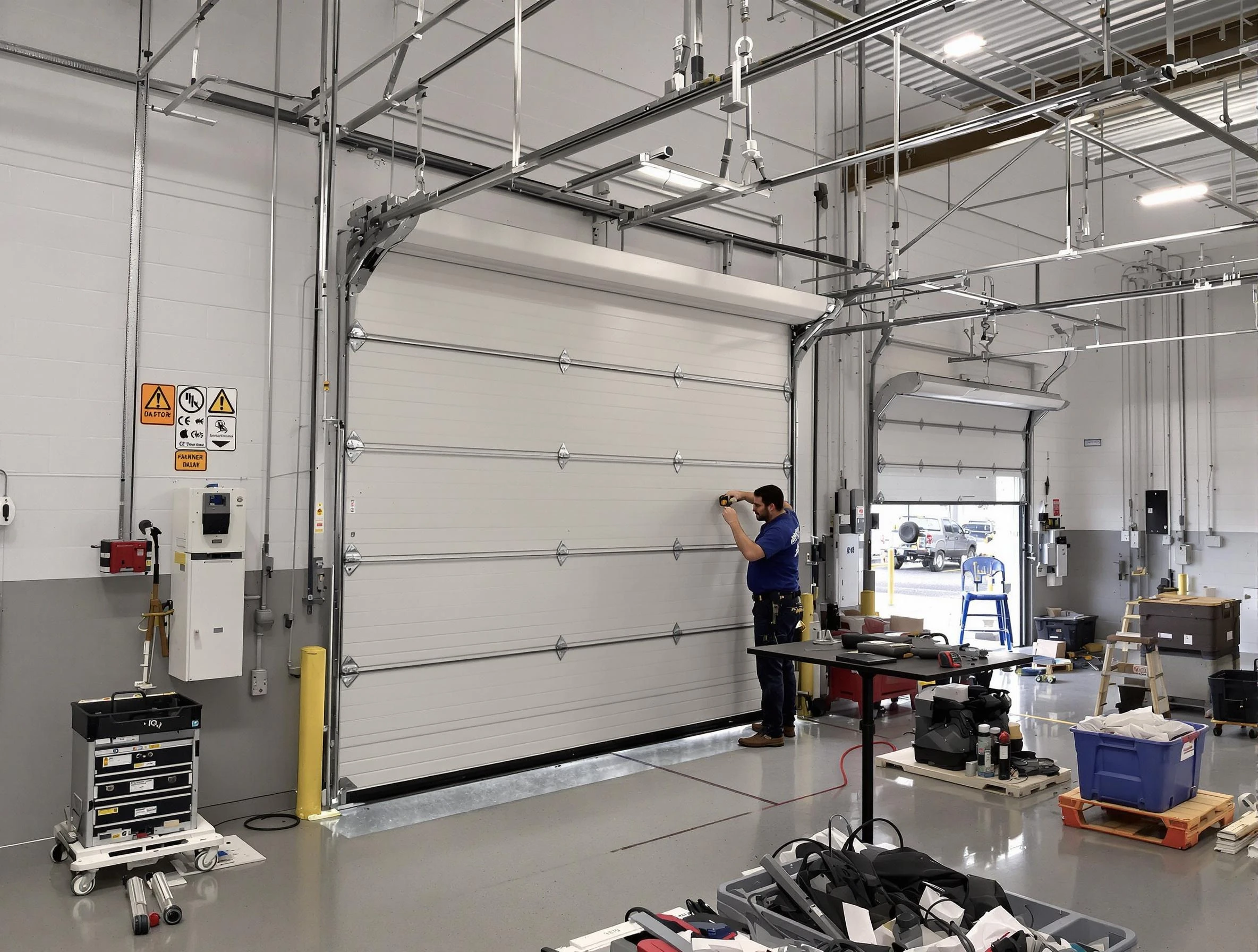 Commercial garage door repair being performed by Blanchard Garage Door Repair expert in Blanchard
