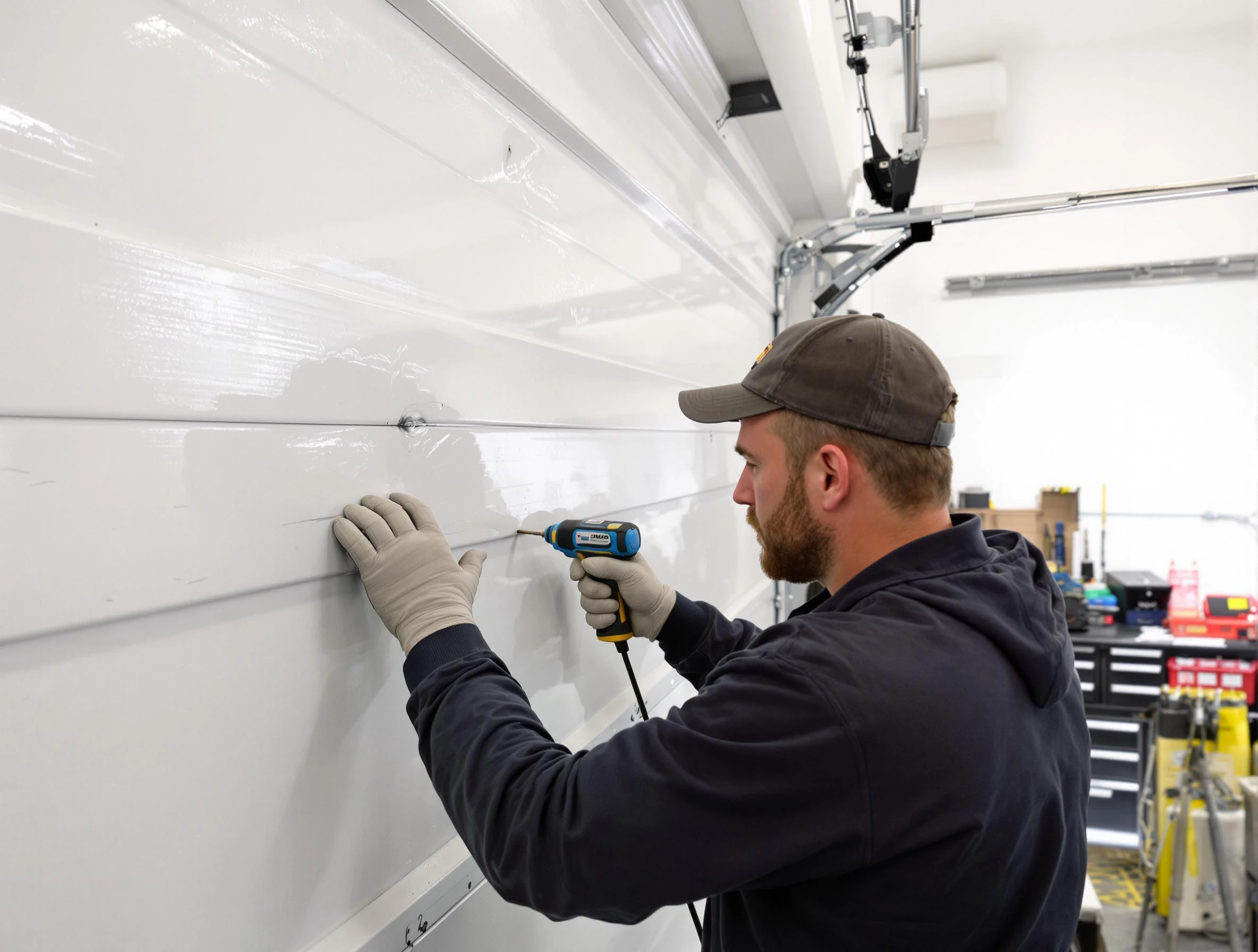 Blanchard Garage Door Repair technician demonstrating precision dent removal techniques on a Blanchard garage door