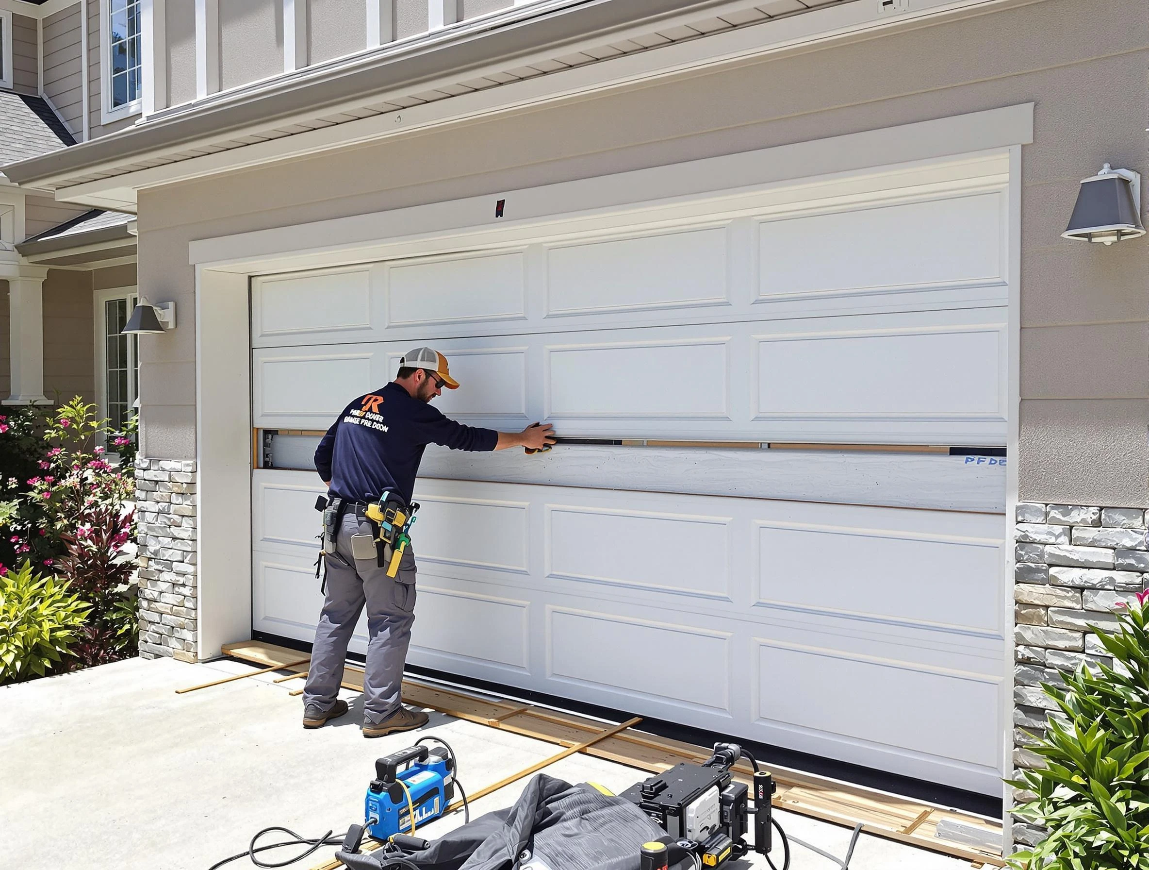Blanchard Garage Door Repair team performing complete garage door replacement at Blanchard residence